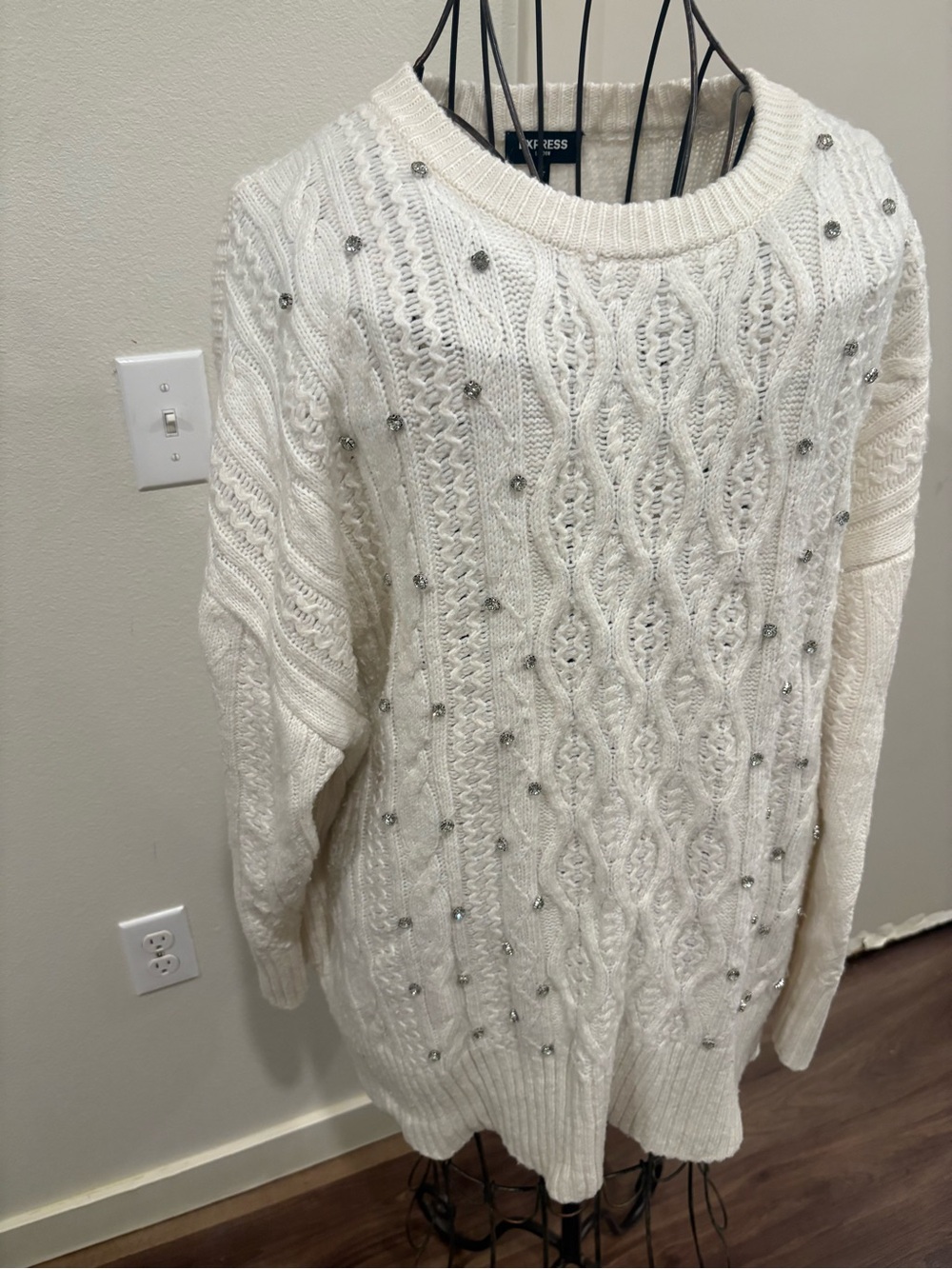 Express Cream Cable Knit Sweater with Embellishments